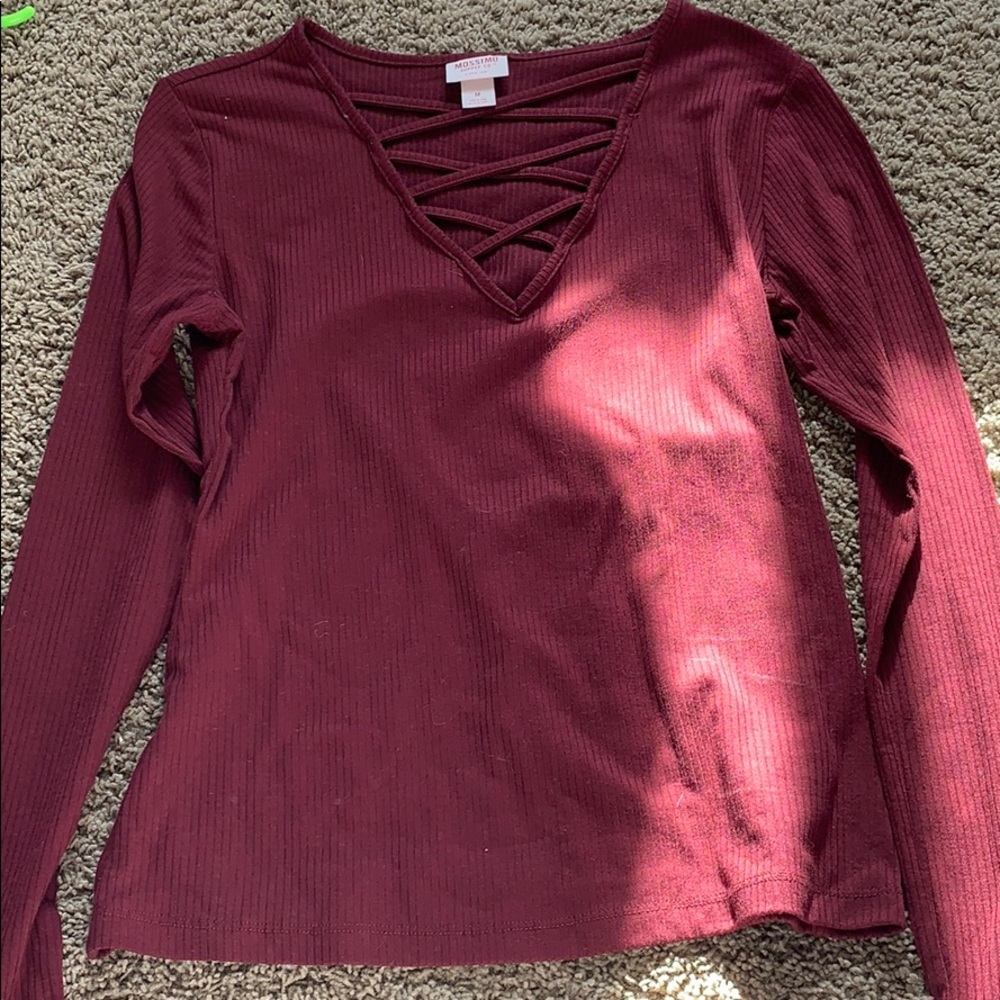 TWO cross neck maroon/grey long sleeve shirts